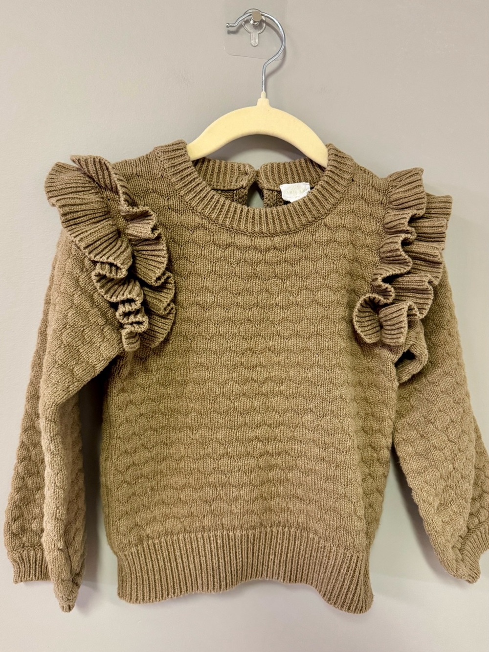 Jamie Kay Taupe Ruffle Shoulder Crew Sweater